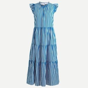 J.crew size S tiered dobby striped ruffle fit flare summer midi dress blue white